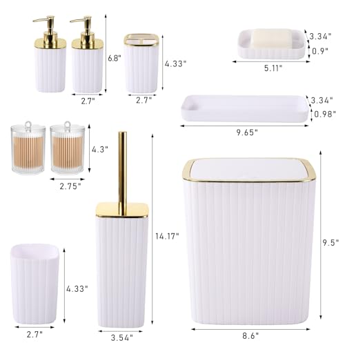 XLHOMO Bathroom Accessories Set - Gorgeous Bathroom Set, 10PC White Bathroom Accessory Set, Toilet Brush, Trash Can, Qtip Holder Dispenser & Soap Dispenser - size: Bath Set, style: White&Gold
