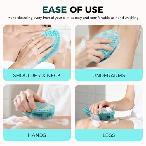 2 Pack Silicone Body Scrubber, Exfoliating Shower Scrubber for All Skin | 2 in 1 dual-sided design, soft bristles and massage bumps side, fast-drying, non-slip handle, for women and men, Black+Green - color: Black&green