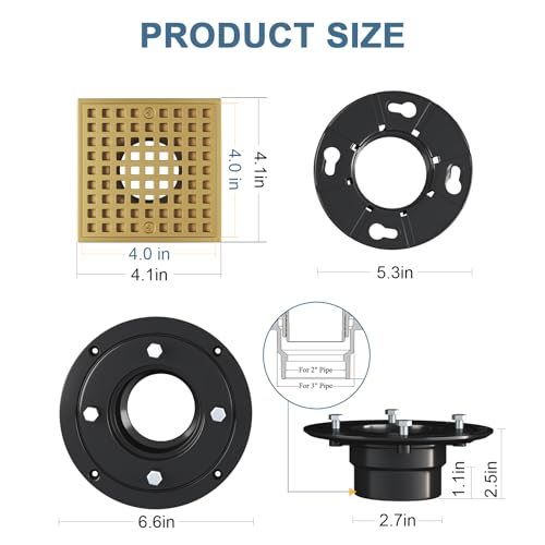Champagne Bronze 4 Inch Shower Floor Drain with Flange - Square Shower Drain with Hair Strainer - Removable Strainer Cover - SUS304 Stainless Steel - Antique Brass - color: Champagne Bronze