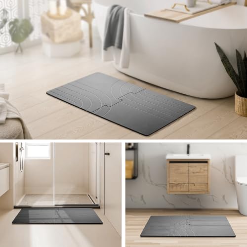BAVIFY 32 * 20 Large Stone Drying Bath Mat for Bathroom Diatomaceous Earth Bath Mat Quick Dry Non Slip Absorbent Bathroom Floor Mat Modernized Water Absorbing Diatomite Shower Bath Mat Grey