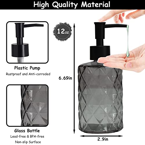 Glass Soap Dispenser with Black Plastic Pump, 12oz Refillable Liquid Hand Soap Dispenser, Crystal Lotion Bottle for Modern Home Decor, Bathroom, Kitchen Countertop, Hotel - color: Dark Gray