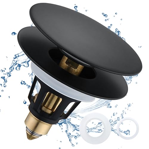 Universal Bathroom Sink Drain Stopper - 1.1~1.5" Pop Up Drain Stopper, Anti-Clogging Bounce Basin Filter with Hair Catcher, Stainless Steel Sink Drain Strainer (Matte Black) - color: Matte Black, style: Large Lid