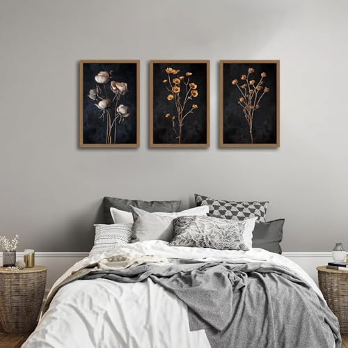 3 Pcs Moody Dried Flower Canvas Wall Art For Bedroom Dark Vintage Floral Framed Wall Art Rustic Aesthetic Botanical Art Prints for Living Room Bathroom 16x24 inch Ready to Hang - color: Dried flowers, size: 16x24 inches