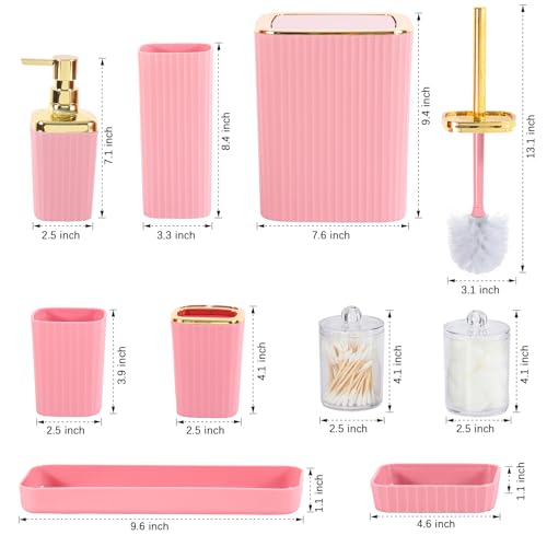 Bathroom Accessory Set,9 Pieces Pink Bathroom Accessories Set with Trash Can, Toothbrush Holder, Soap Dispenser, Toothbrush Cup, Vanity Tray, Soap Dish, Toilet Brush, Qtip Holder - color: Pink