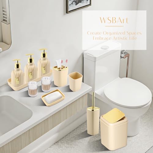 17PCS Bathroom Accessories Set, Beige Bathroom Set Bathroom Accessories Set with Trash Can, Toilet Brush, Toothbrush Holder, Qtip Holder & 3PCS Soap Dispenser - size: Bath Set with Press-Top Trash Can, style: Beige