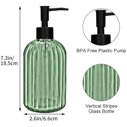 2 Pack 14oz Glass Soap Dispenser with Black Pump – Refillable for Hand Soap, Dish Soap, Lotion, Suited for Kitchen, Bathroom & Laundry Room(Olive Green) - color: Olive Green
