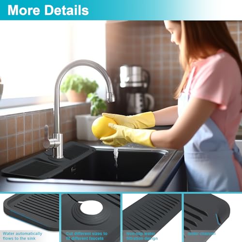 24 Inch Kitchen Sink Splash Guard，5°Slope Fast Draining Silicone Mat for Kitchen Sink Faucet Mat, Upgraded Sink Tidy Splash Guard for Bathroom Faucet Draining Mat (Black)
