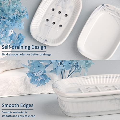 Ceramic Soap Dish, Self-draining Soap Holder, Double Layer Bar Soap Holder Marble Blue, Draining Soap Dishes for Bathroom Shower Kitchen, Easy to Clean, Keep Soap Dry, ANTIS'S HOME - color: Marble Blue