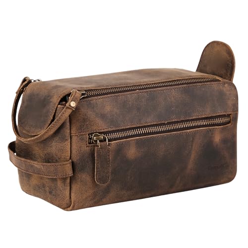 KomalC Premium Buffalo Leather Toiletry Bag for Men & Women With Water resistant Lining, Grooming Travel Pouch, Unisex Wash Bag for Toiletries, Gifts for Men and Women - color: Distressed Tan
