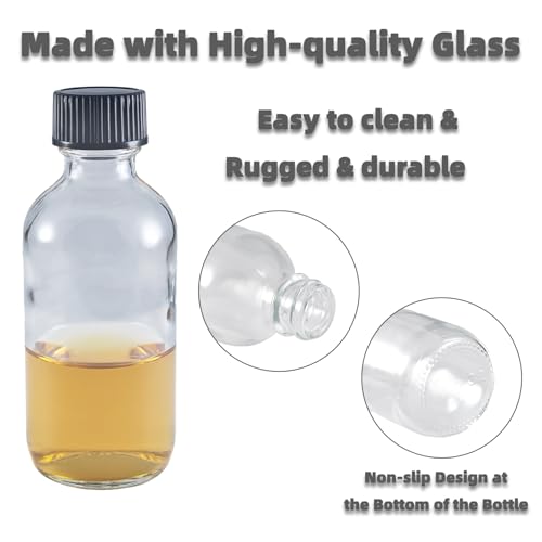 Zkupanx Glass Boston Round Shot Bottles, Leak-Resistant, 6-Pack | Borosilicate Glass; Leak-Resistant Caps; 2oz/60ml Travel Size; 6-Pack with Labels; Reusable & Dishwasher Safe