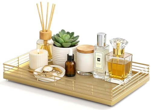Bathroom Vanity Tray, 13" x 8" Oak Decorative Wooden Tray for Countertop | Large Bathroom Vanity Organizer, Rectangular Wood Tray for Perfume, Skincare & Storage, Vanity Dresser Counter Decor, Gold - color: All Golden, size: 13" x 8" x 2"