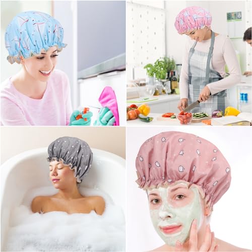 4 Pcs Shower Caps Hat for Women and Girl, Reusable Waterproof Bath Cap Double Waterproof Layers Cat and Boat Pattern - color: 4 Pack - Cat & Boat Pattern