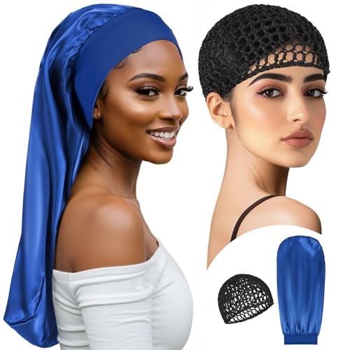 Long Bonnet for Braids-Silk Press Wrap for Hair Set Satin Big Bonnet Anti Frizz 2 Piece Set Reusable Elastic Mesh Wrap Cap Braid Accessories for Curly, Braids Hair (black net, blue bonnet) - color: Black Net, Blue Bonnet