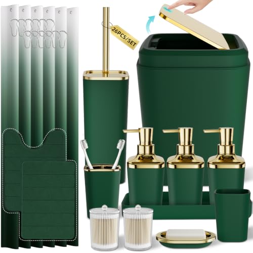 Bathroom Set - 26PC Bathroom Sets with Shower Curtain and Rugs, Bathroom Accessory Set, Green Bathroom Set, Elegant Bathroom Accessories Set, Shower Curtain Set, Trash Can & Soap Dispensers - color: Dark Green & Gold, size: Bath Set+Shower Curtain+Bath Ru