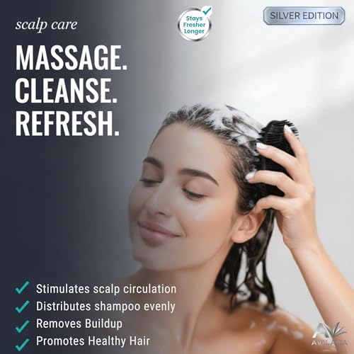 Avilana Silicone Body Scrubber for Shower – SGS Certified Food Grade Dual Sided Bath Brush, Gentle Exfoliating Silicone Loofah Alternative, Sensitive Skin Body Brush (Black-Silver, Scalp) - color: Black-silver, size: Scalp