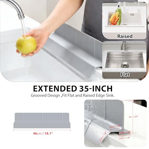 18Inch Sink Splash Guard – Extended Length & Tall Silicone Kitchen Sink Splash Guard with Overhang Drainage Design & Strong Suction Cups for Countertop (Grey, 18''x3.5'') - color: Gray, size: 18''x3.5''