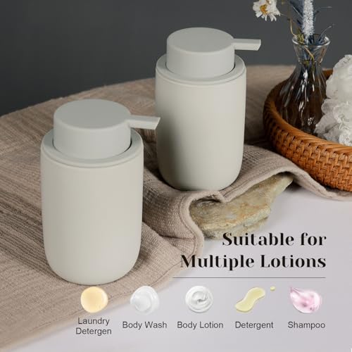 INGOFIN Ceramic Lotion Soap Dispenser Set, 2 Pack (12 oz) Bathroom Hand Soap Dispenser with Pump, Liquid Hand and Dish Soap Dispenser Set, 8 Pcs Clear Stickers,for Kitchen, Bathroom- Grey - color: Grey-liquid