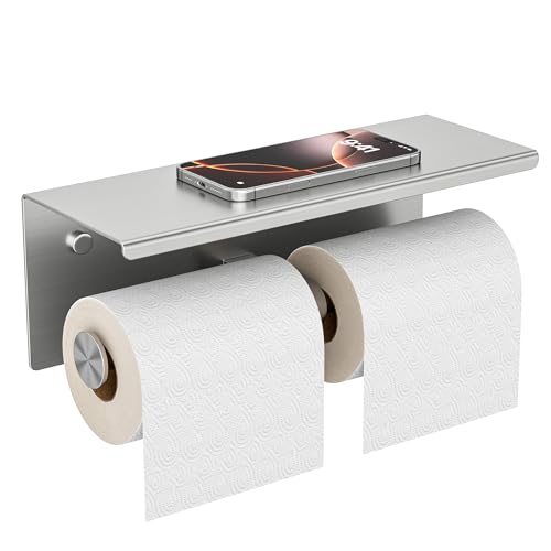 FORIOUS Double Toilet Paper Holder with Shelf, Wall Mount Tissue Roll Holder for Bathroom, 304 Stainless Steel Commercial Toilet Paper Dispensers with Phone Shelf (1, Brushed Nickel) - color: Stainless Steel