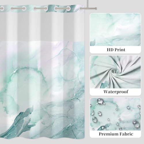 No Hook Marble Shower Curtain with Snap in Liner 71x74 Inch | Mint Green Watercolor Shower Curtains for Modern Bathroom, Mesh Top Window Waterproof Washable Fabric - color: Mint Green Marble