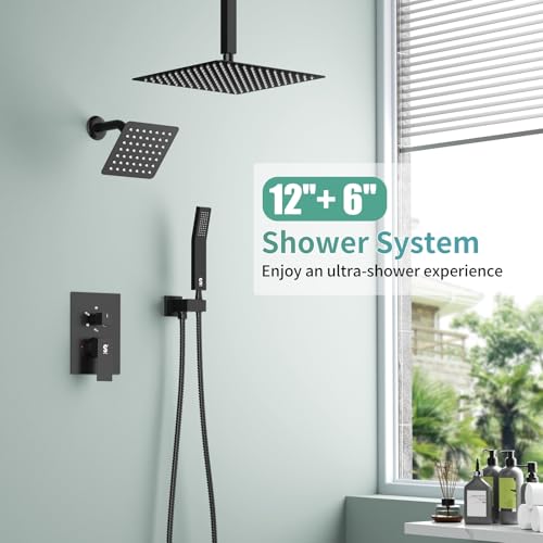 Shower Faucet Set Shower System - SR SUN RISE Matte Black Shower Trim Kit with Dual Shower Head, 12'' Ceiling Rainfall 6'' Wall Mount with Handheld Shower for Couples, Complete 6 Diverter Valve - color: Black, size: 12 Inch