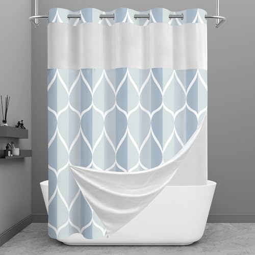 Yiatn No Hook Dark Blue Double Shower Curtain with Snap in Fabric Liner Set - Hotel Style with See Through Mesh Top Window, Modern Geometric Waterdrop Design,Waterproof and Washable, 71x74 INCH - color: Dark Blue, size: 71"W x 74"L (Pack of 1)