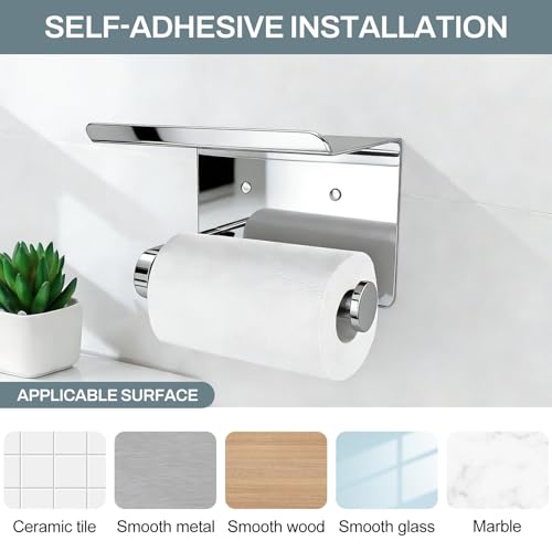 SetSail Toilet Paper Holder with Shelf Adhesive or Screw-in Bathroom Toilet Paper Roll Holders Wall Mount Heavy-Duty Tissue Holder for Bathrooms, Mirror Silver - color: Chrome, size: 1 Packs