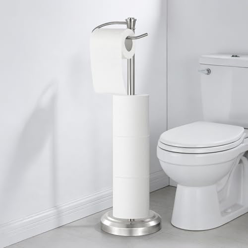 Brushed Nickel Toilet Paper Holder Free Standing, 25" H 304 Stainless Steel Toilet Paper Stand for Bathroom，Weighted Base Floor Tissue Roll Holder,Toilet Roll Stand - color: Brushed Nickel