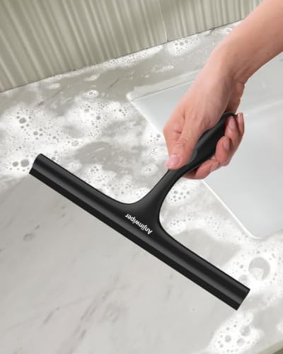 Shower Squeegee for Glass Doors, 10 in Bathroom Squeegee with Adhesive Hook | Mutil-Purpose Window Squeegee for Shower Glass, Tile Walls, Car Cleaning, Ergonomic Handle, Silicone Streak Free Squeegees - color: All Black