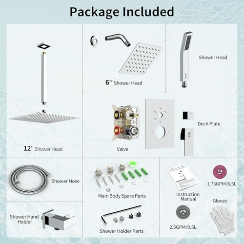 Shower Faucet Set Shower System - SR SUN RISE Polished Chrome Shower Trim Kit with Dual Shower Head, 12'' Ceiling Rainfall 6'' Wall Mount with Handheld Shower for Couples, Complete 6 Diverter Valve - color: Chrome, size: 12 Inch
