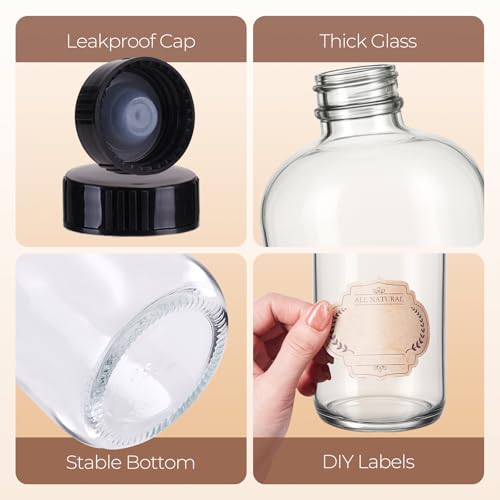 3 Pack,16 OZ Clear Glass Bottles Boston Round Sample Refillable Bottles with Black Caps, Perfect Glass Containers for kombucha, Secondary Fermentation,Storing condiment,Homemade Essential Oils - color: Clear