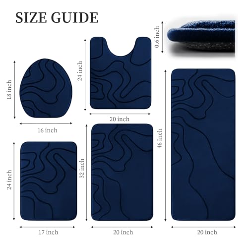 YIHOUSE Memory Foam Bathroom Rugs Sets 5 Piece - Extra Thick Ultra Soft Absorbent Bath Mat Set, Non-Slip Machine Washable Bath Rugs for Bathroom, Tub & Shower, Home Decor Accessories, Dark Blue - color: Dark Blue, size: 1'5" x 3'10" (5 pieces)
