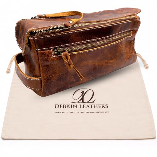 DEBKIN FOCUS Premium Top Grain Buffalo Leather Toiletry Bag for Men, Fathers Day Gift for Dad, Graduation Gifts for Men Him, Leather Shaving Bag, Gift for Birthday, Anniversary, Groomsmen, Husband