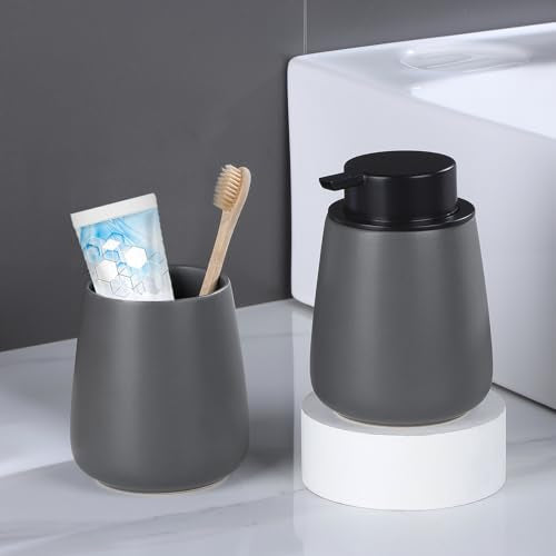12Oz Hand Soap Dispenser Set - 2 Pack Ceramic Foam Soap Dispenser Set with Easy-to-Press Black Pump, Refillable Mordern Foaming Dish Soap Dispensers for Bathroom & Kitchen (Grey, Foam Pump) - color: Grey Foaming Dispenser