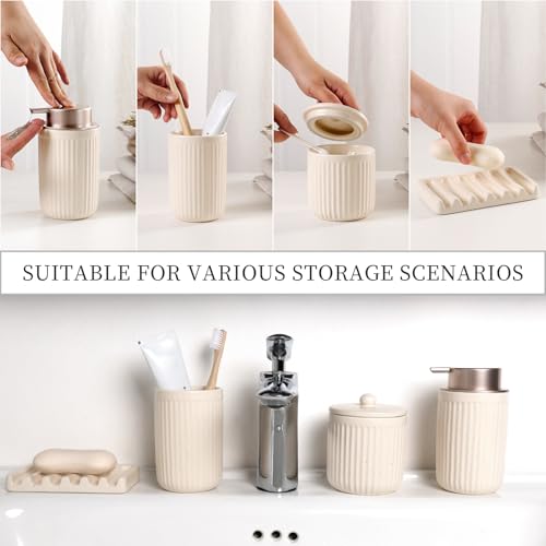 BosilunLife Bathroom Accessories Set - Ceramic Bathroom Set Bathroom Decor Sets Bathroom Counter Lotion Soap Dispenser and Toothbrush Holder Set, Soap Dish, Apothecary Jar (Striped Apricot) - color: Apricot-liquid