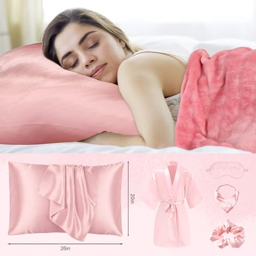 Twistover 16 Pcs Birthday Gifts for Women: Luxury Robe & Blanket Spa Gift Basket for Women -scented Candle, Mug, Notebook, Pillowcase & Spa Accessories(Pink) - color: Pink