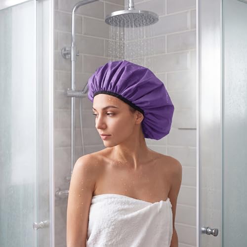 Extra Large Shower Cap for Women, Reusable Waterproof Shower Bonnet with Satin Lining, Double Layer Washable Bath Hair Cap for Braids, Locs, Long Thick Curly Hair, Natural Hair(Big Lavender) - color: Lavender