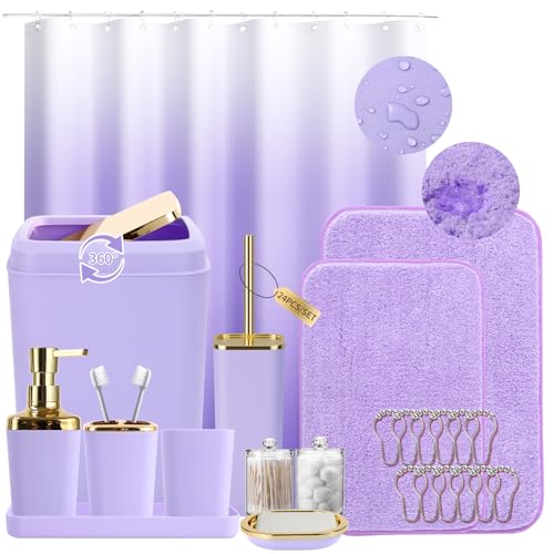 XLHOMO Bathroom Set - Purple Bathroom Sets with Shower Curtain and Rugs, 24PCS Shower Curtain Set with Hooks, Soap Dispenser, Soap Dish, Toilet Brush Holder and Trash Can for Housewarming - color: Purple and Gold, size: Bathroom Set+Shower Curtain+Bath Ru