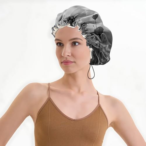 Luxury Shower Cap Satin Lined Reusable Waterproof Double Layer Elastic Adjustable Hair Bath Cap Cute Aesthetic Women Girls-Black Flower - color: F19-Black Flower