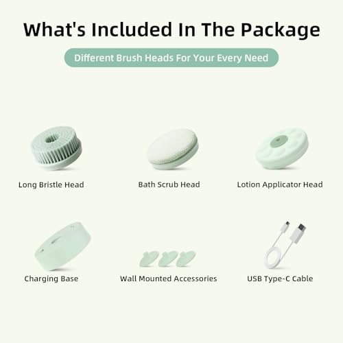 Electric Body Brush Back Scrubber for Shower, Waterproof Long Dual Handle Body Scrubber with 3 Heads, Bath Brush & 2 Speeds, for Cleansing, Exfoliating and Massaging Skin, Pale Cypress Green