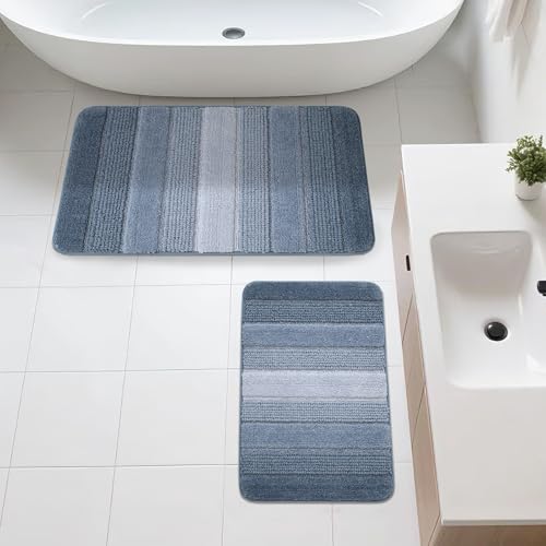 Kmson 2 Pcs Ombre Chenille Bathroom Rugs Set, Non-Slip Shower Mats for Bathroom Floor & Bathtub, Ultra Soft Washable Shaggy Bath Rugs, Thick Absorbent Microfiber Bath Mat Set Blue - color: Light Blue Rug, size: 17" x 24" + 20" x 32"