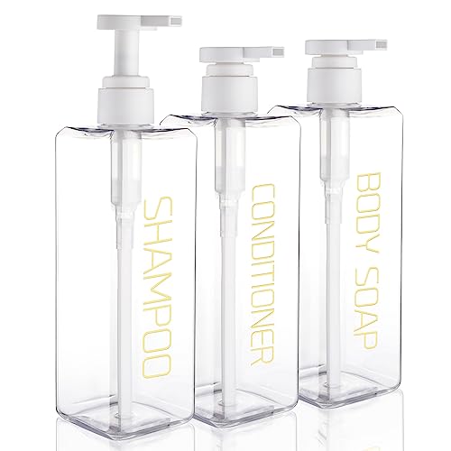 Shampoo and Conditioner Dispenser Shower Soap Bottles 3 Pack 550ml/18.6oz Refillable Shampoo Pump Bottle Dispenser Plastic Empty Body Wash Dispensers with Stylish Permanent Labels for Bathroom (Clear) - color: Clear