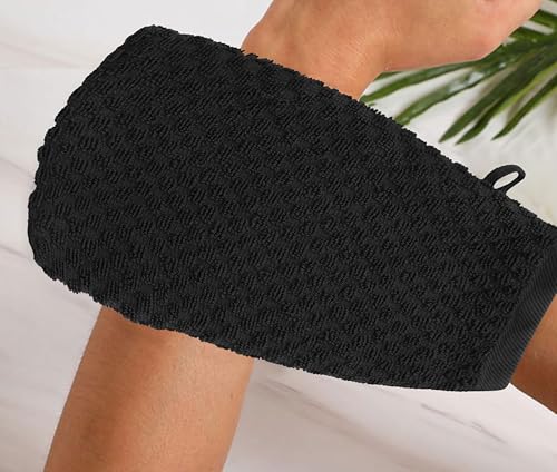 COTTON CRAFT Bath Mitt - 6 Pack Euro Spa Waffle 100% Cotton Towel Mitts | Large 5.5x10 inches Black Exfoliating Gloves - Sensitive Skin Friendly - Body Bath Shower Glove Washcloth with Hanging Loop - color: Black - Bath Mitt
