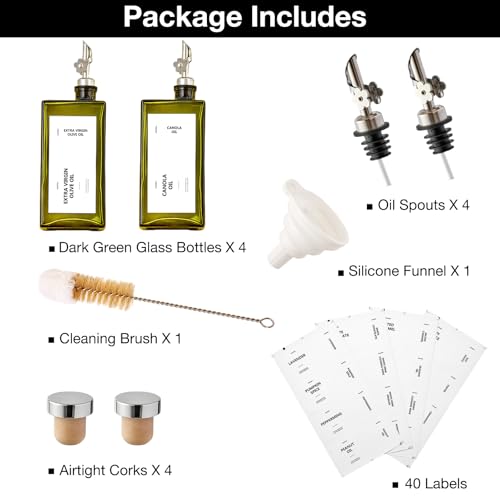 Olive Oil Dispenser Bottle for Kitchen, 16.9oz /500ml Cooking Vinegar Dispenser Bottle Set, Glass Sauce Container, Labels, Brush, Funnel, Stoppers, Green for Oil, Wine - color: Silver, 4 Pack