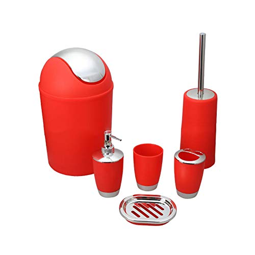 6Pcs Bathroom Accessory Tumbler Toothbrush Holder Bin Soap Dish Dispenser (Red) - color: Red