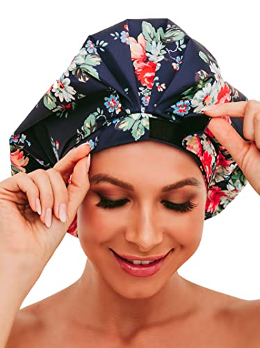HIUMI Shower Cap for Women, Large Shower Cap for Long Hair Jumbo Adjustable Reusable Shower Caps Waterproof Bath Cap(Navy Blue) - color: navy blue
