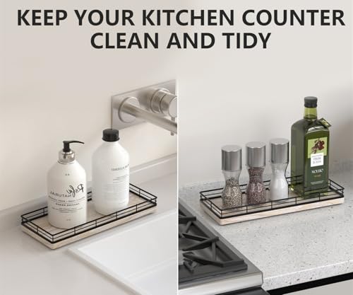 Bathroom Tray for Counter Top Organizer, Ash Wood Vanity Tray | Metal Frame for Dresser, Kitchen & Nightstand, Black & Whitewashed Decorative Storage - color: Black & Whitewashed, size: 11" x 4.5" x 1.5"