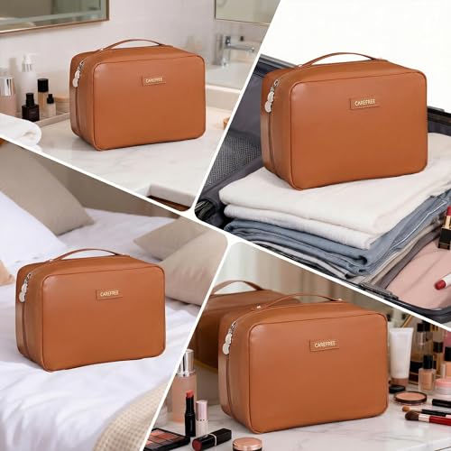 Travel Makeup Bag, Large Capacity Cosmetic Bags for Women, Waterproof Portable Pouch Open Flat Toiletry Bag Make up Bag (Brown) - color: Brown
