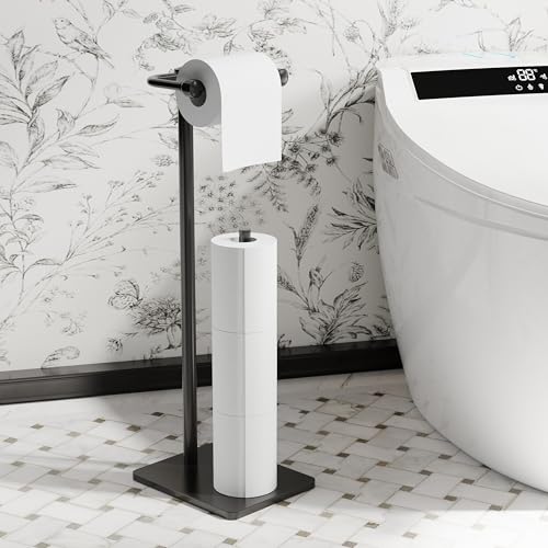 RUACQ Toilet Paper Holder Stand, Bathroom Toilet Paper roll Holder Free Standing with Storage for 4 Rolls, Post Pivoting Design, Stable Weighted Base, SUS304 Stainless Steel (Matte Black) - color: Matte Black, size: Free Standing with Storage