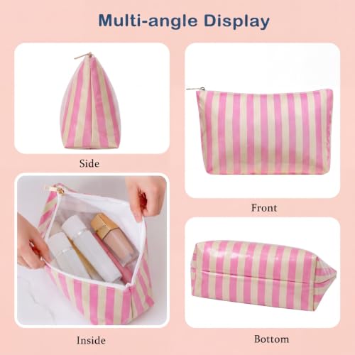 RSRSLEII Large Waterproof Travel Striped Makeup Bag, Aesthetic PVC Toiletry Bag, Coquette Cosmetic Bag, Sunscreen Accessories Storage Organization，Beach Travel Purse(11Pink&Beige) - color: 11Pink&Beige
