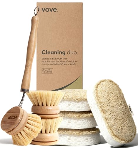 Vove Cleaning Duo, Bamboo Dish Brush Set and Natural Dish Sponges, FSC-Certified Bamboo, Sisal, Loofah, Cellulose, Plastic-Free, Eco-Friendly Zero-Waste Kitchen Dish Scrubber Set - size: Cleaning Duo - Brush Set & Sponges